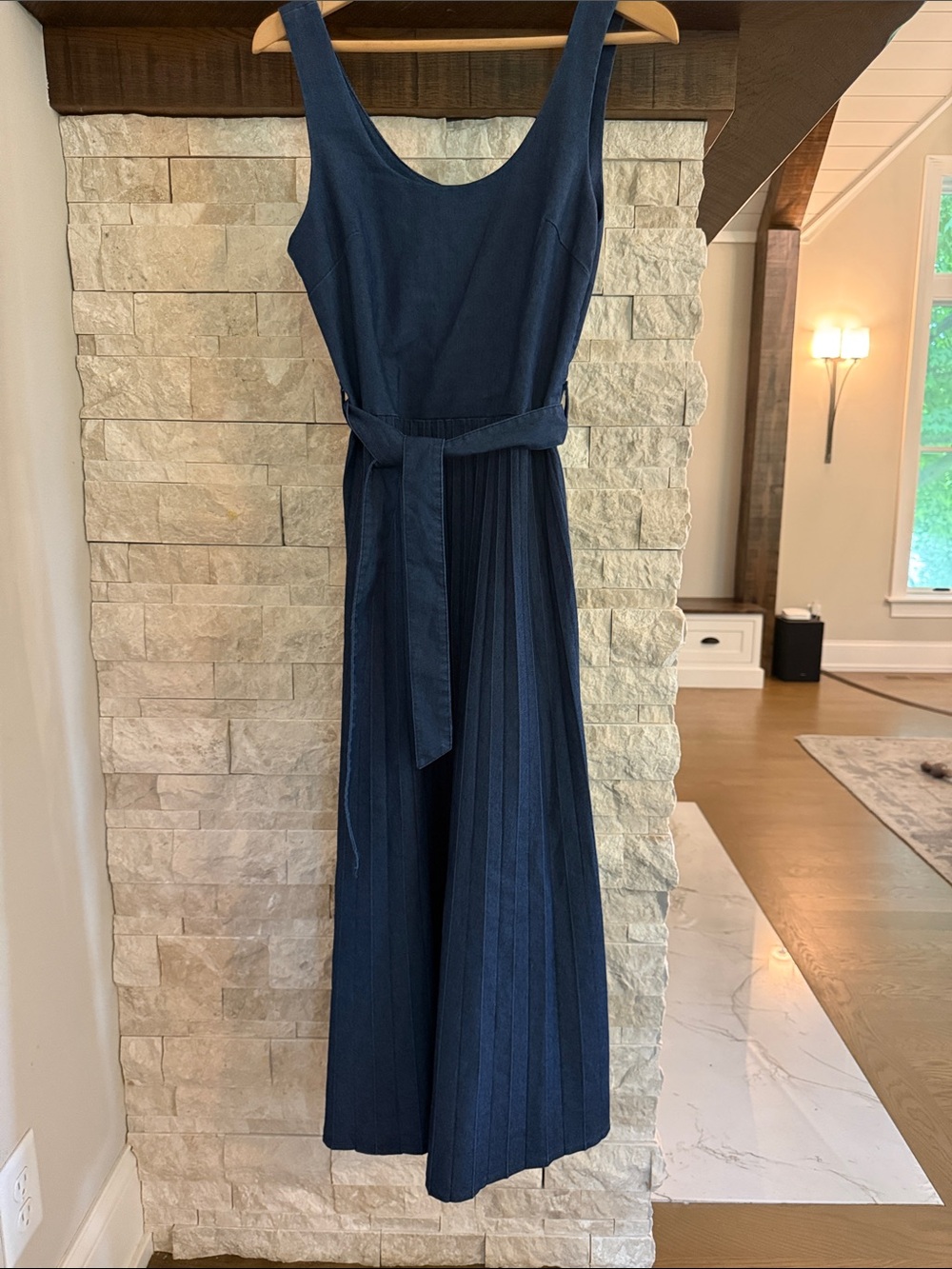 Scoop-Neck denim Midi Dress w/ Pleated Skirt and Self-Tie Waist Made in Italy S
